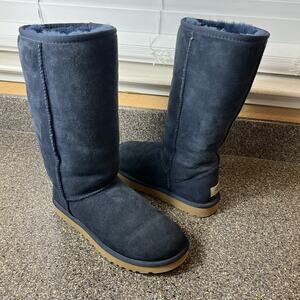 UGG Australia Women's Sz 7 Tall Suede Sheepskin Lining Winter Boots Blue Pull On